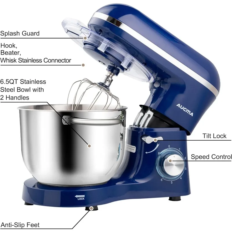 Aucma Stand Mixer,6.5-QT 660W 6-Speed Tilt-Head Food Mixer, Kitchen Electric Mixer with Dough Hook,Wire Whip & Beater,Royal Blue