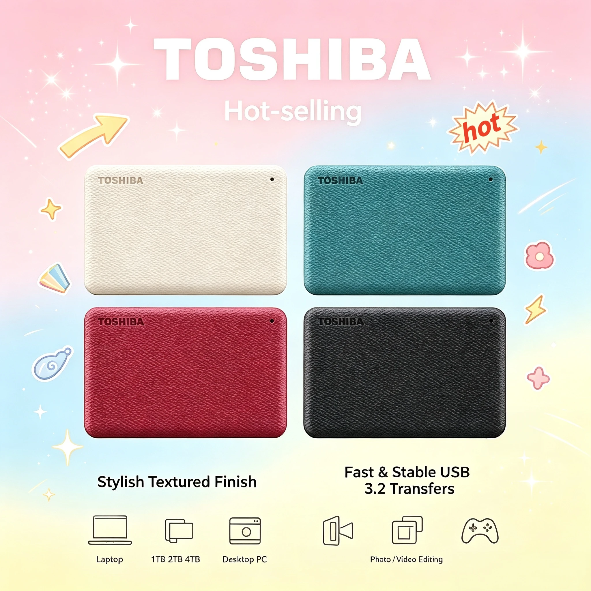 NEW USB 30 Toshiba Canvio V10 4TB 2TB 1TB 25 Inch Portable External HDD Hard Drive for Laptop Computer Storage Max System Use