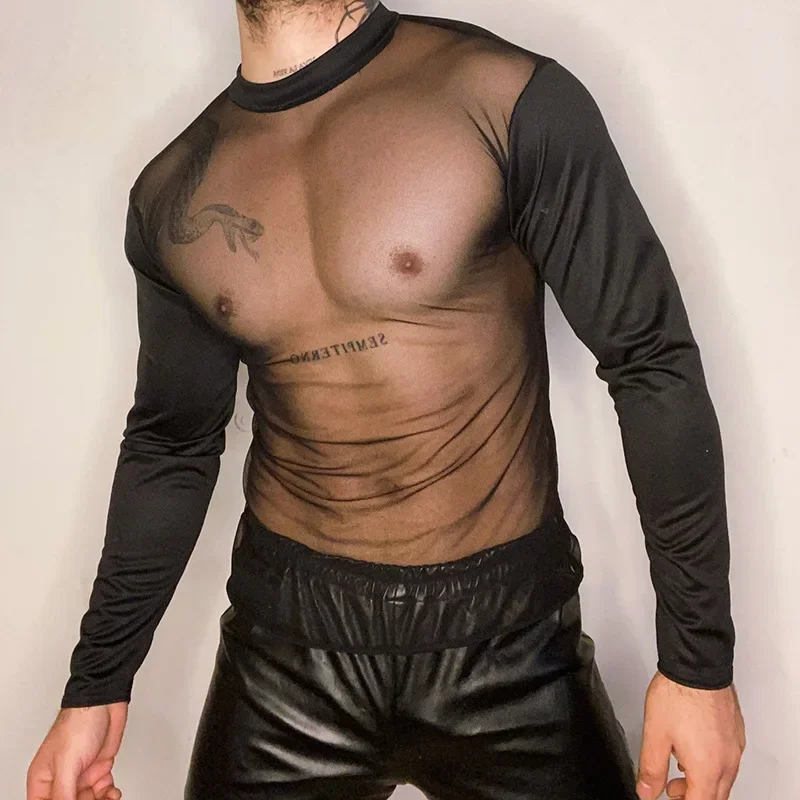 New Autumn Men's Clothing Sexy Mesh See-through Thin Crew Neck Breathable Men's Top