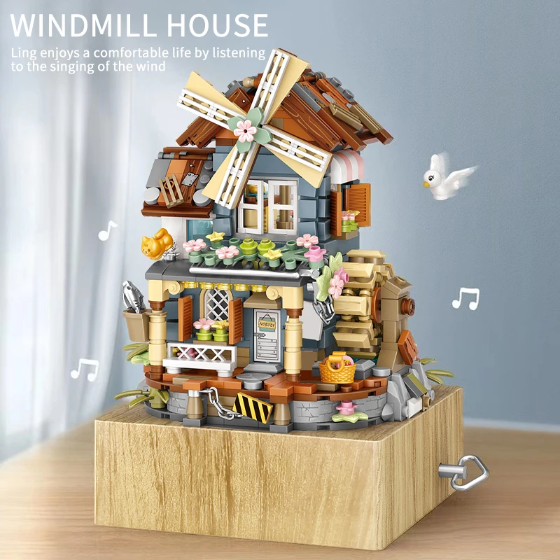 799 PCS Mini City Flower Windmill House Music Box Building Blocks Friends Figures Architecture Bricks Toys For Chlidren Gifts