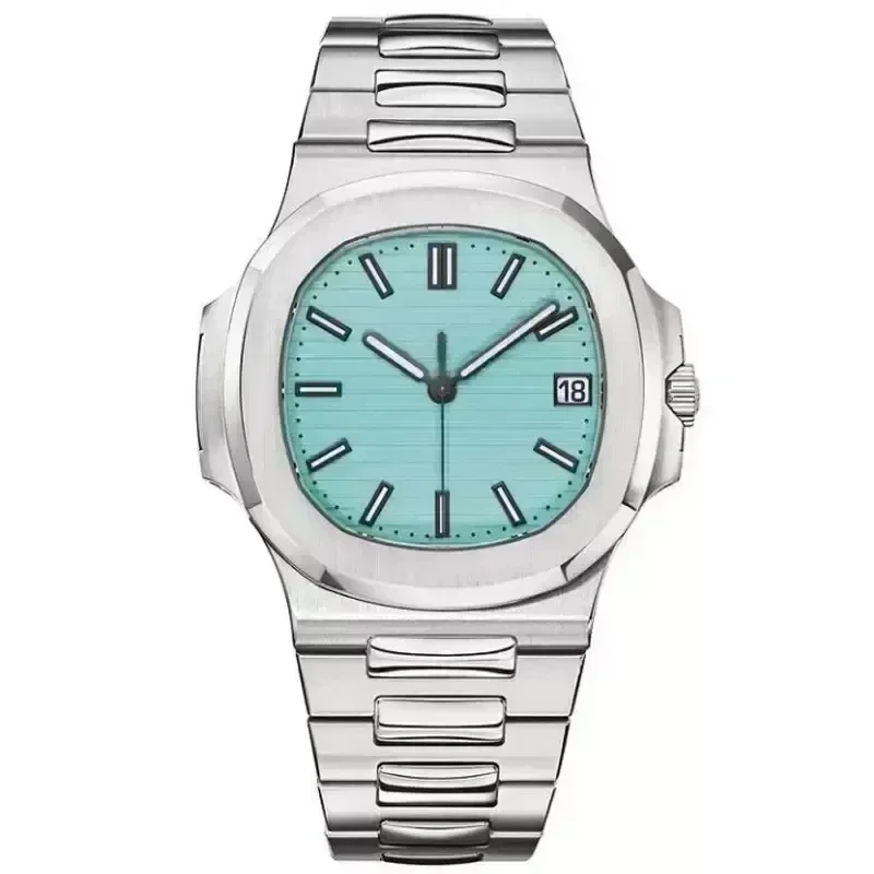 Jam tangan mekanis otomatis biru langit mewah 40mm berkualitas tinggi untuk pria dengan tanggal tali karet baja tahan karat, jam tangan kasual pria