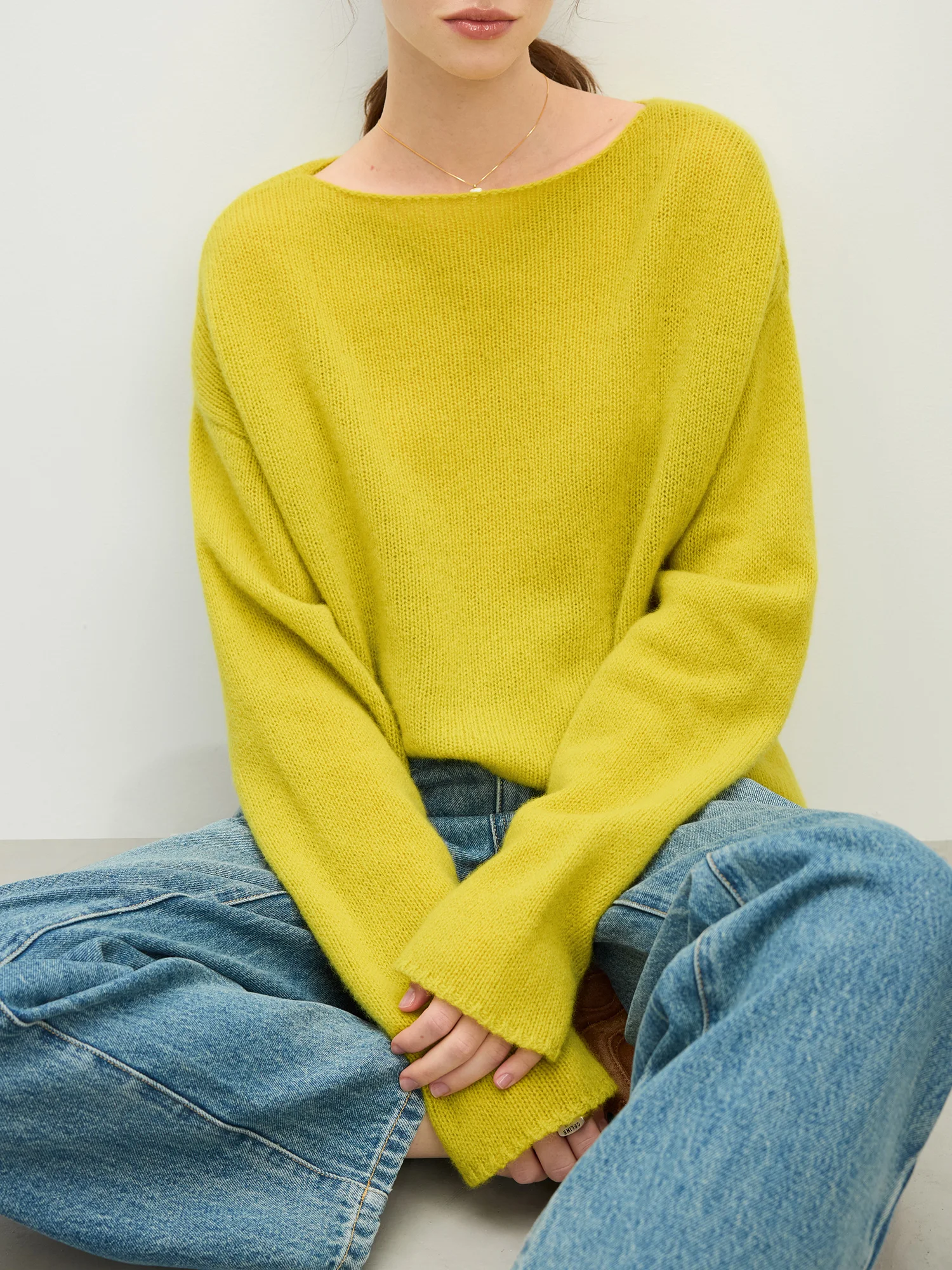 FSLE Women Solid Pullover Sweaters 100% Wool Female Knit Sweater Boat Collar 2025 Spring Yellow Green Casual Pullover 25FS11207