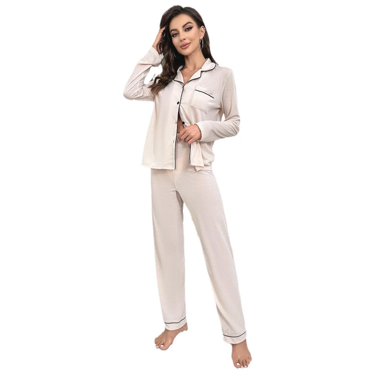 Conjunto de pijama feminino outono inverno cor sólida cardigan manga comprida casa terno loungewear conjunto de pijamas