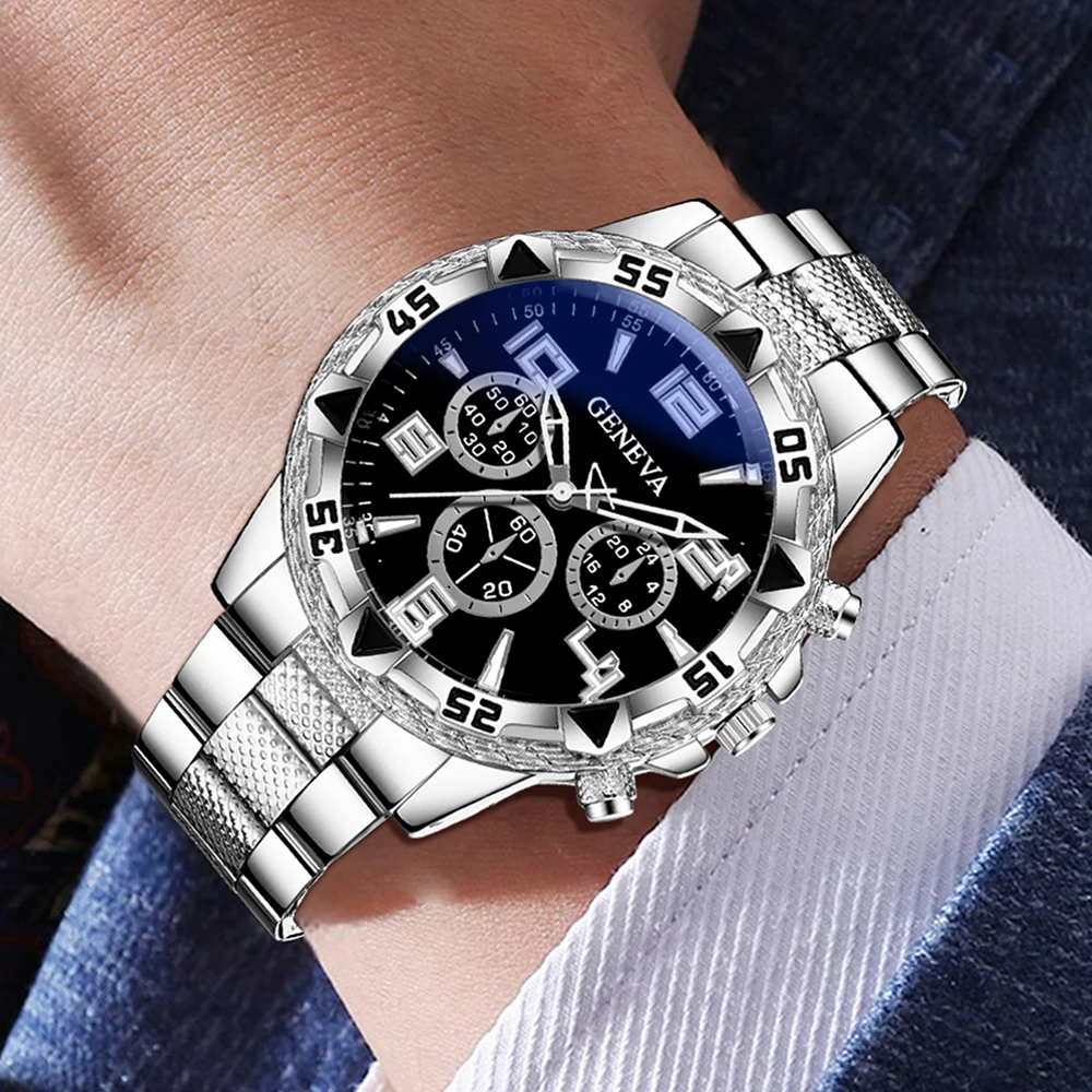 طقم ساعات رجال الأعمال الفضية المكونة من 3 قطع، أزياء فاخرة باللون الأسود بمقياس رقمي كوارتز وسوار وسوار وقلادة، هدية مثالية