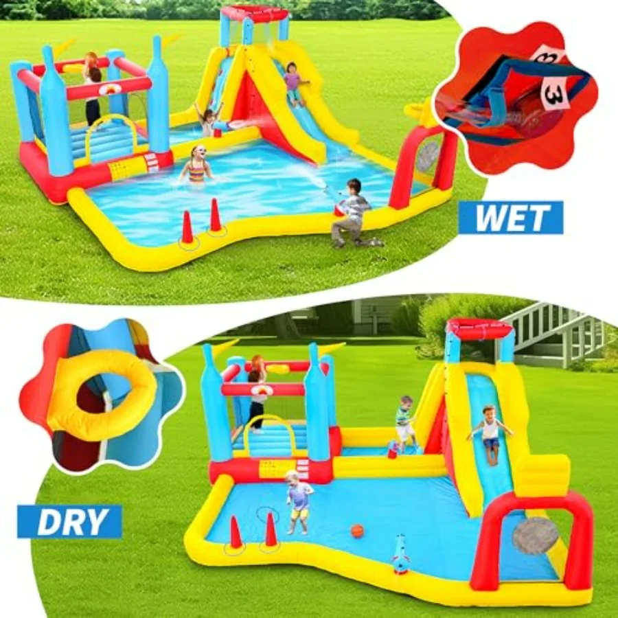 Inflatable Water Slide with Blower for Outdoor Parties, PVC Material, Blue and Red, Dual Basketball Hoops, Climbing Wall, Dartb