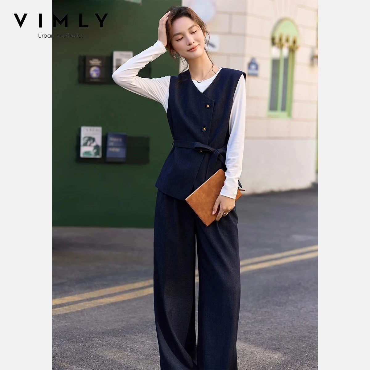 VIMLY Women's 2 Piece Commuter Suit 2026 Spring New Solid Vest with Adjustable Belt Wide Casual Leg Trousers Two-piece Set A3697