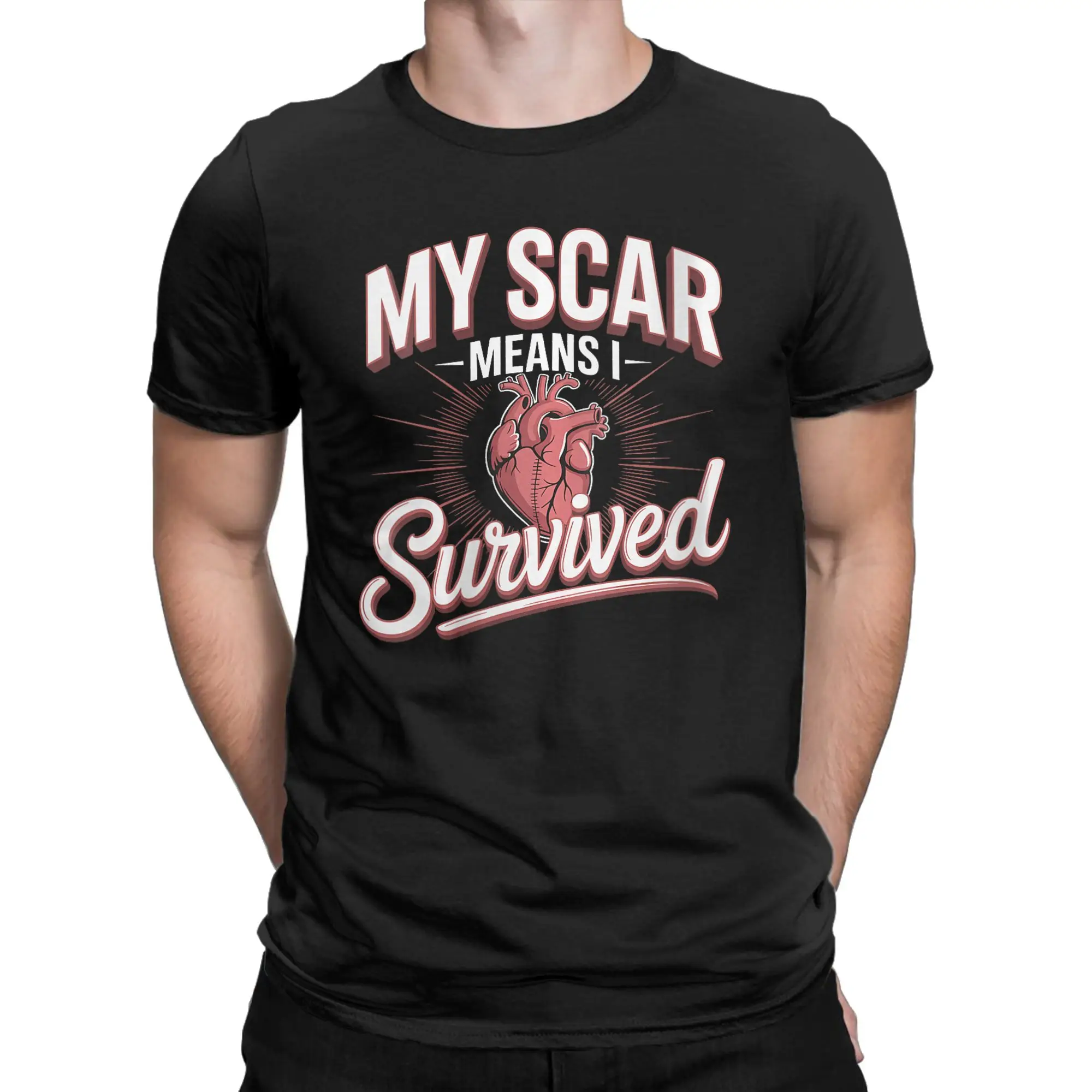 My Scar Means I Survived Heart  Men's T Shirts  Fashion Tee Shirt Short Sleeve Round Collar T-Shirt Cotton Birthday  Clothing