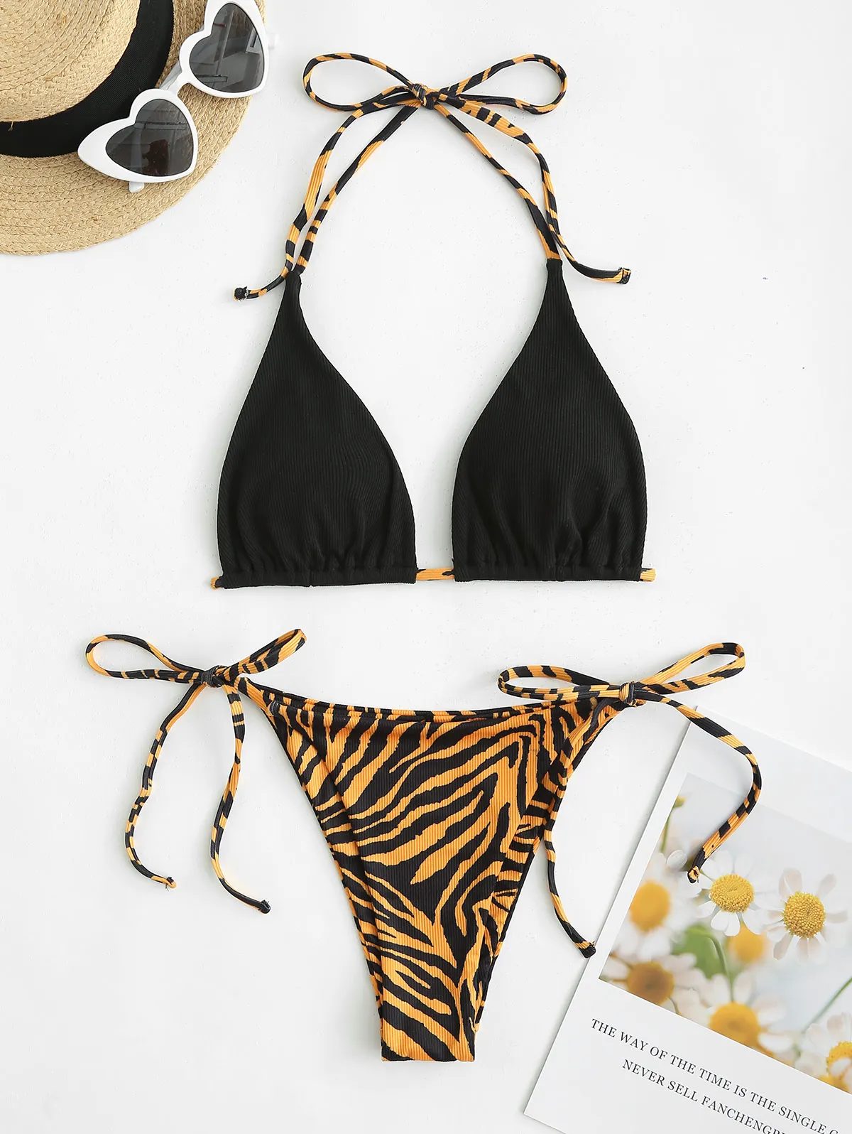 

ZAFUL Tie Side Ribbed Animal Print String Bikini Swimwear