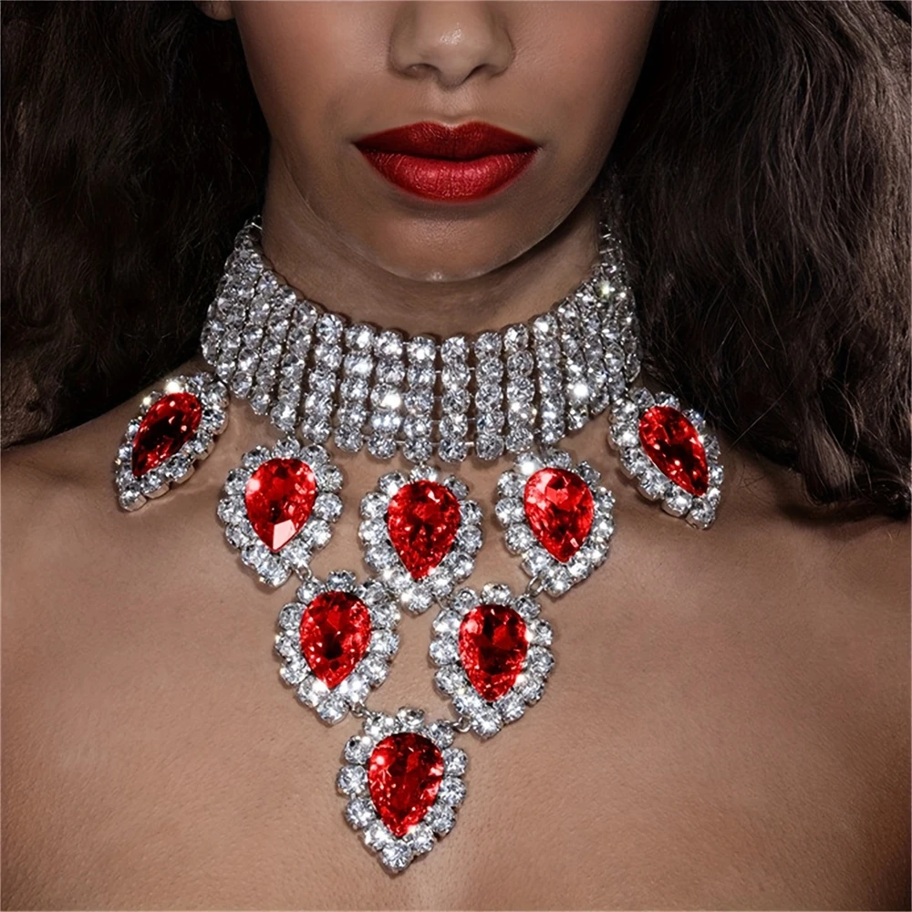 Exquisite Sparkling Red Rhinestone Necklace Jewelry Fashion Luxury Banquet Party Crystal Necklace Jewelry Wearing Accessories