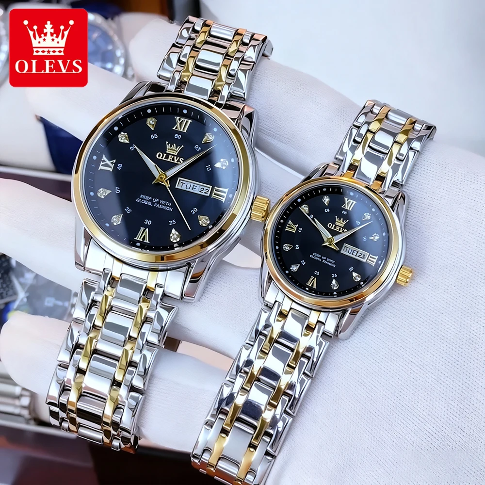 OLEVS Trend Fashion Couple Watches Fine Steel Original Brand Quartz Wristwatch for Lover Dual Scale Dial Waterproof Luminous New