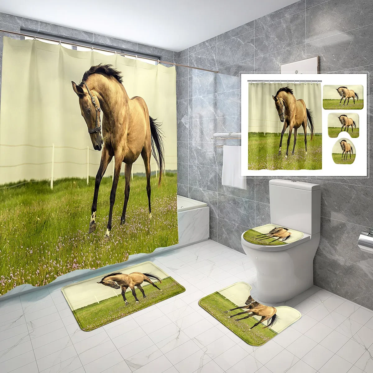 Horse Shower Curtain Set Green Grass Steed 4 Pcs Shower Curtain Bathroom Non-Slip Bath Mat Toilet Cover Shower Curtain Set