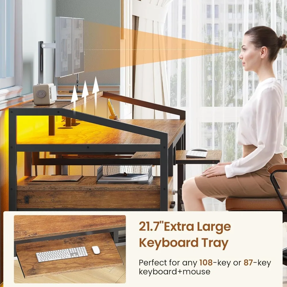 مكتب كمبيوتر مقاس 63 بوصة، مكتب مع أدراج قفل لملف قانوني/حروف، مكتب ألعاب مع ضوء LED ومخرج طاقة، مكتب منزلي #6