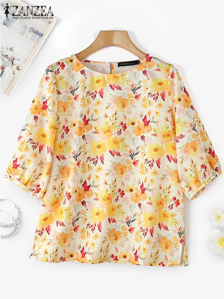 2025 ZANZEA Bohemian Women Blouse Summer Tops Fashion 3/4 Sleeve Casual Loose Shirts Round Neck Floral Printed Blusas Oversized