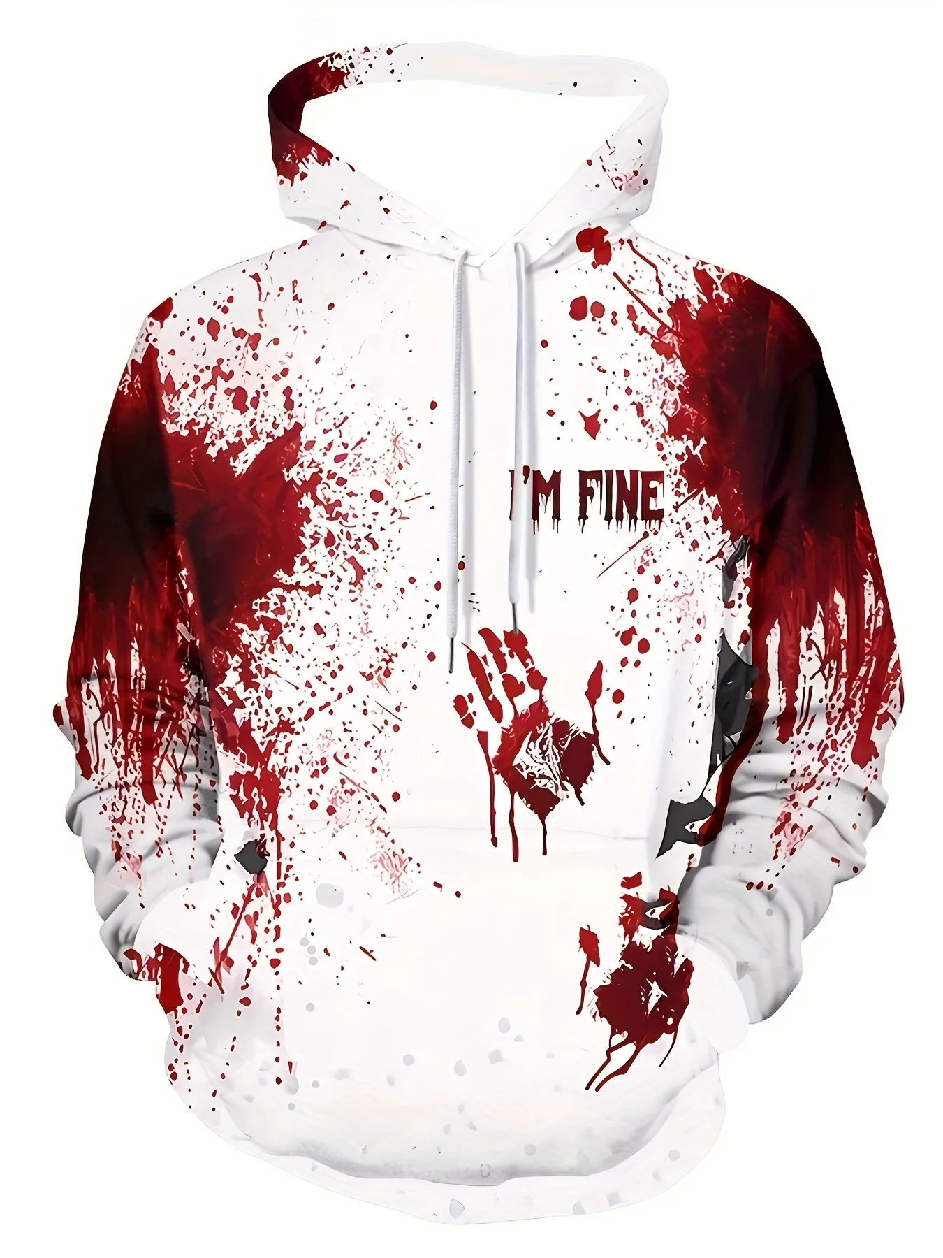 Halloween Horror Hoodie Men Blood Splash Hand Print I'm Fine Text Drawstring Loose Casual Hooded Sweat Top