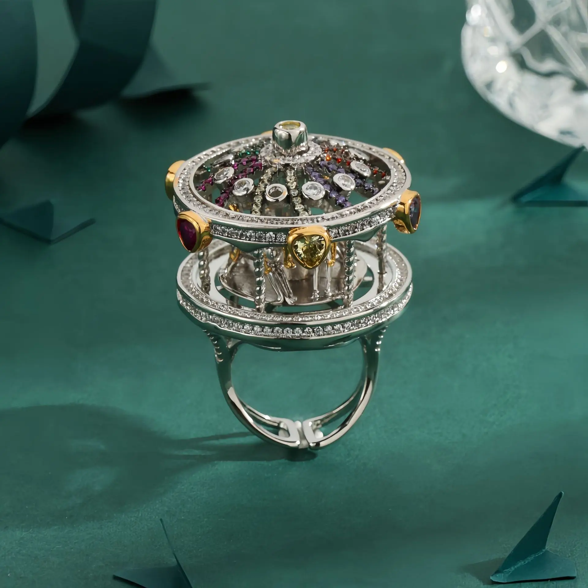 French Luxury Style Silver Color Adorned with Multicolored Zircon Stones Carousel Open Ring UNISEX High End Banquet Jewelry Ring