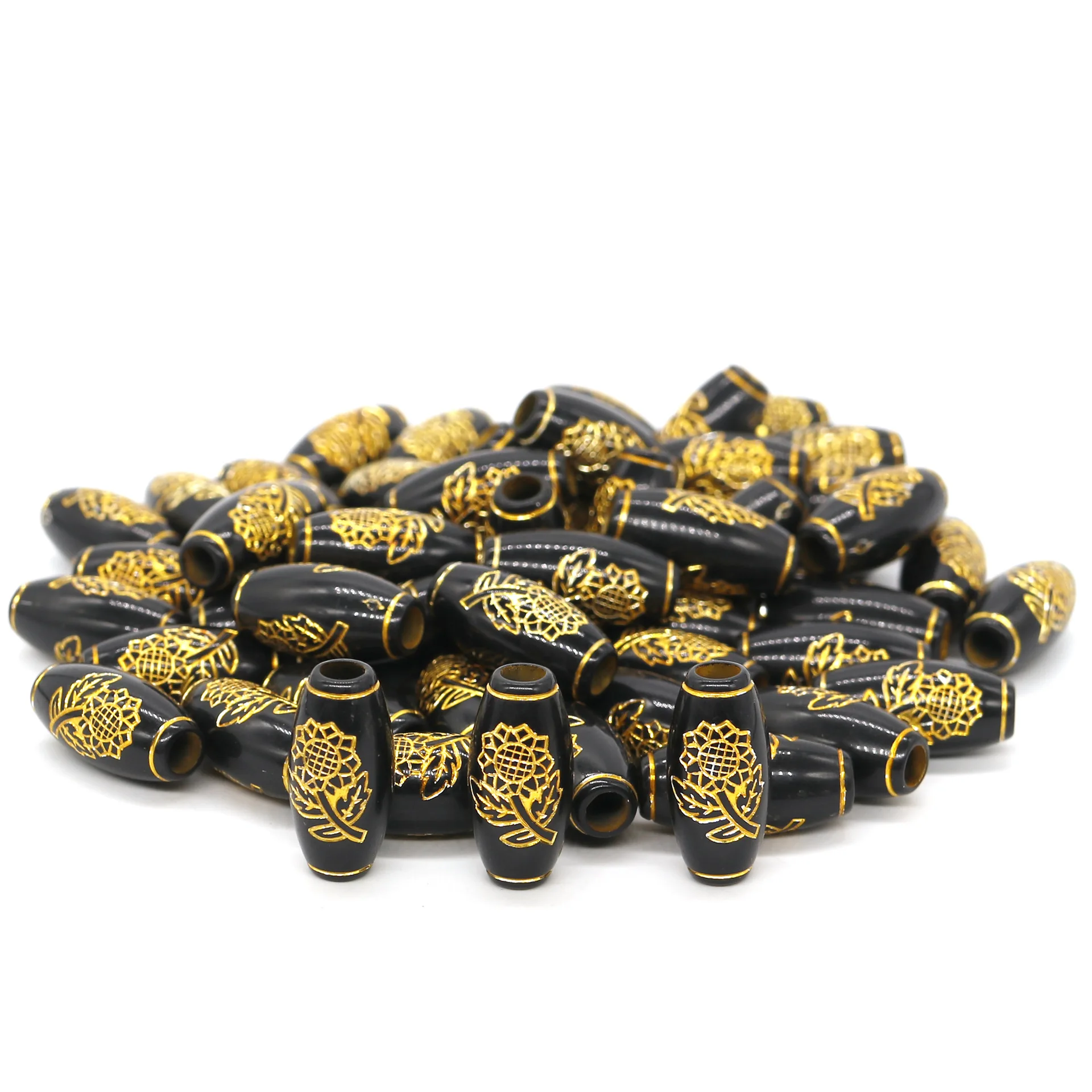 10 sztuk czarny akryl Viking pasmo włosów strach broda Dreadlock koraliki mankiety 5mm otwór wewnętrzny złoty rzeźbiony kwiat włosów akcesoria