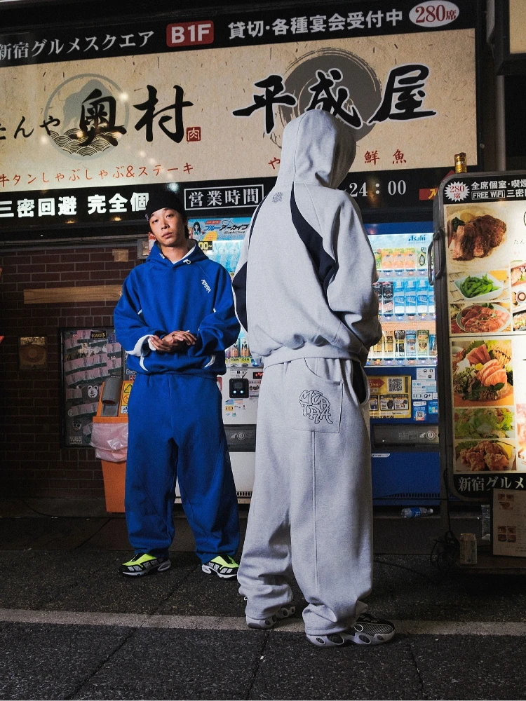 

New men's and women's high street Japanese casual sports letter embroidery hooded sweatshirt and pants set