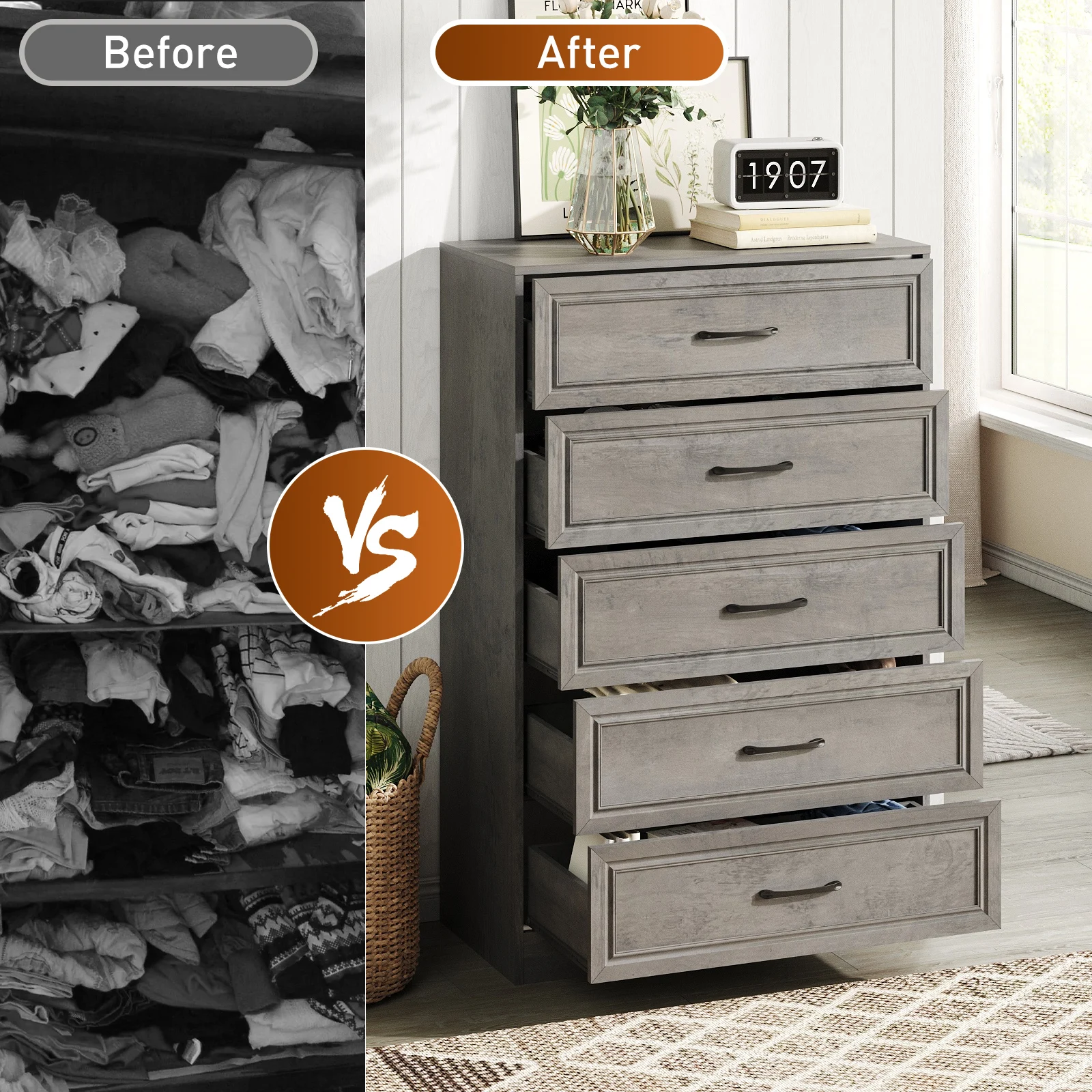 خزانة ذات أدراج خشبية لغرفة النوم مع مقابض معدنية بطول 47 بوصة ومنظم تخزين خزانة ذات 5 أدراج للممر