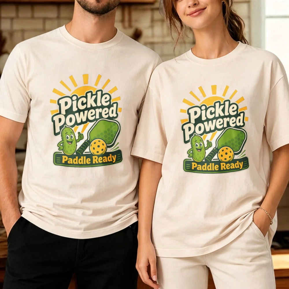 Vintage Cartoon Pickle Powered Paddle Ready Cucumber Sunburst Badge Print Cotton T Shirt  Funny Pickleball Graphic Casual Tops