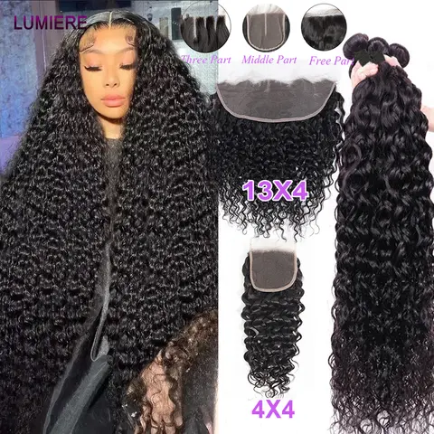30 40 Inch Long Deep Curly Water Wave Human Hair Bundles With Closure HD Transparent 100% Peruvian Raw Virgin 15A Hair Extension