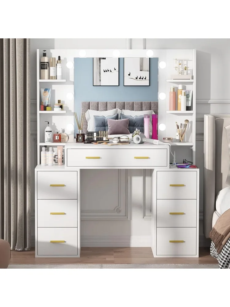Vanity Set with Lighted Mirror, 43'' Makeup Vanity with Charging Station, Vanity Desk with 9PCS LED Bulb, Storage Shelv