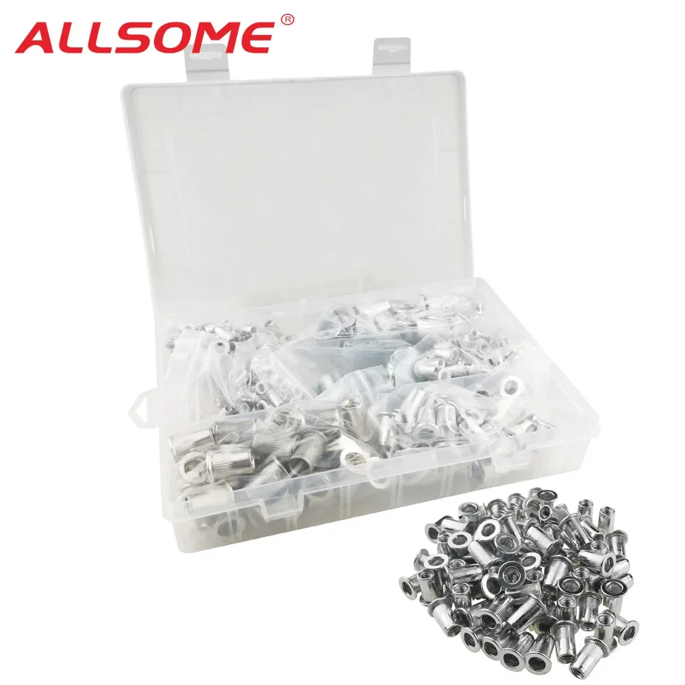 ALLSOME 300Pcs Aluminum Alloy Rivet Nut Flat Head Threaded Rivet Insert Nut Insert Reveting Nut M3 M4 M5 M6 M8 M10 M12 HT2773