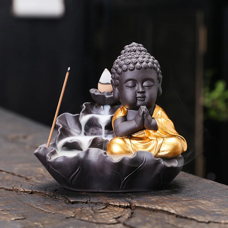 

Purple Clay Lotus Leaf Backflow Incense Burner Home Decor Creative Lotus Gold-Plated Buddha Incense Backflow Burner