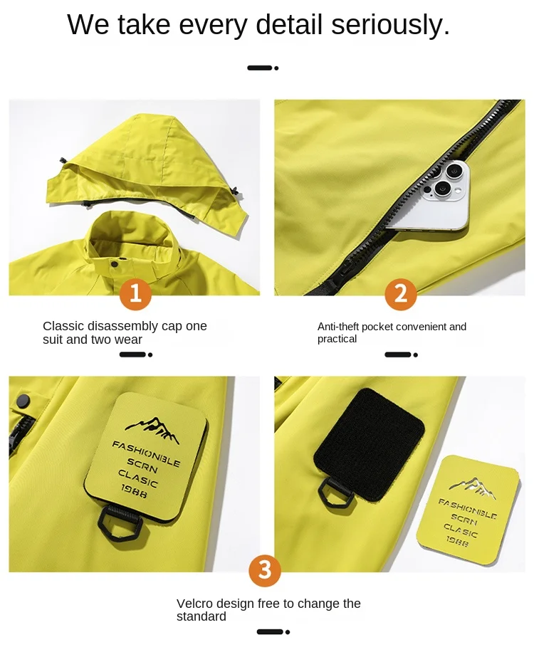 Couple Waterproof  Detachable Hood Zipper Outerwear Windproof Mens Womens Split Cap Raincoat Autumn Outdoor Clothing trench coat