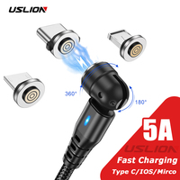 USLION 540 Rotate 5A Magnetic Cable Fast Charging Type C Mirco USB Phone Data Cord For iPhone 15 14 Pro Max Xiaomi 13 POCO Redmi