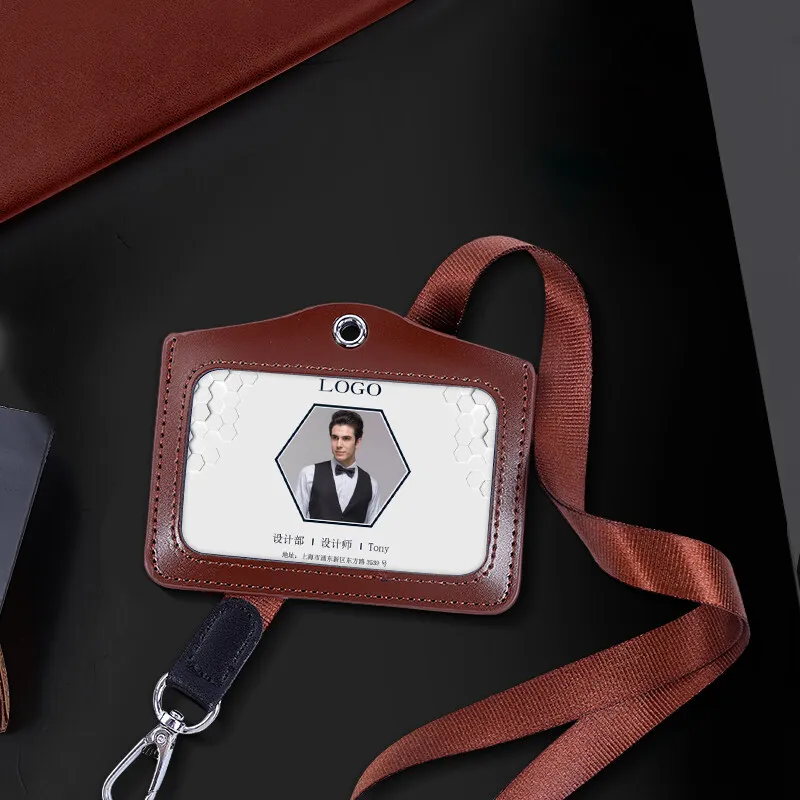 Genuine Leather ID Badge Holder Business Work Card Holders with Neck Lanyard Formal Staff Office Worker Supplies ID Card Case