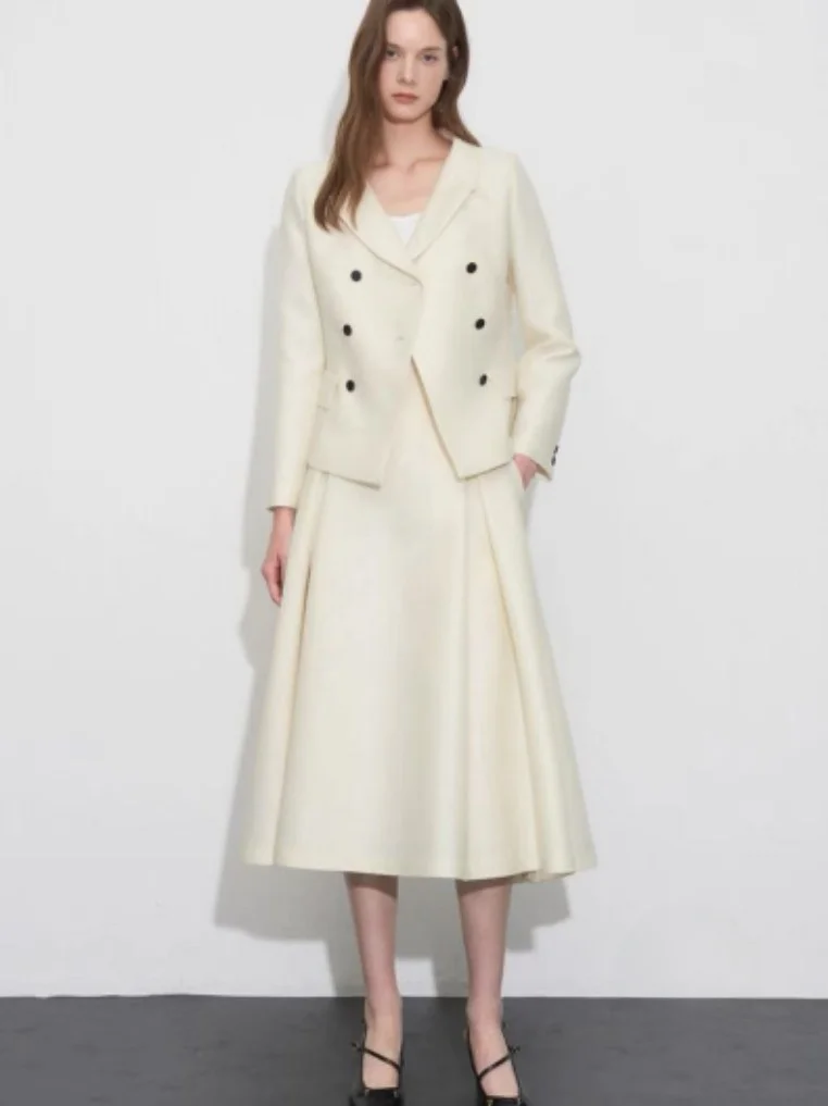 

Elegant Korean Style Woolen Suit Jacket And Skirt Set for Women Double Breasted Fashionable Spring Summer Outfit