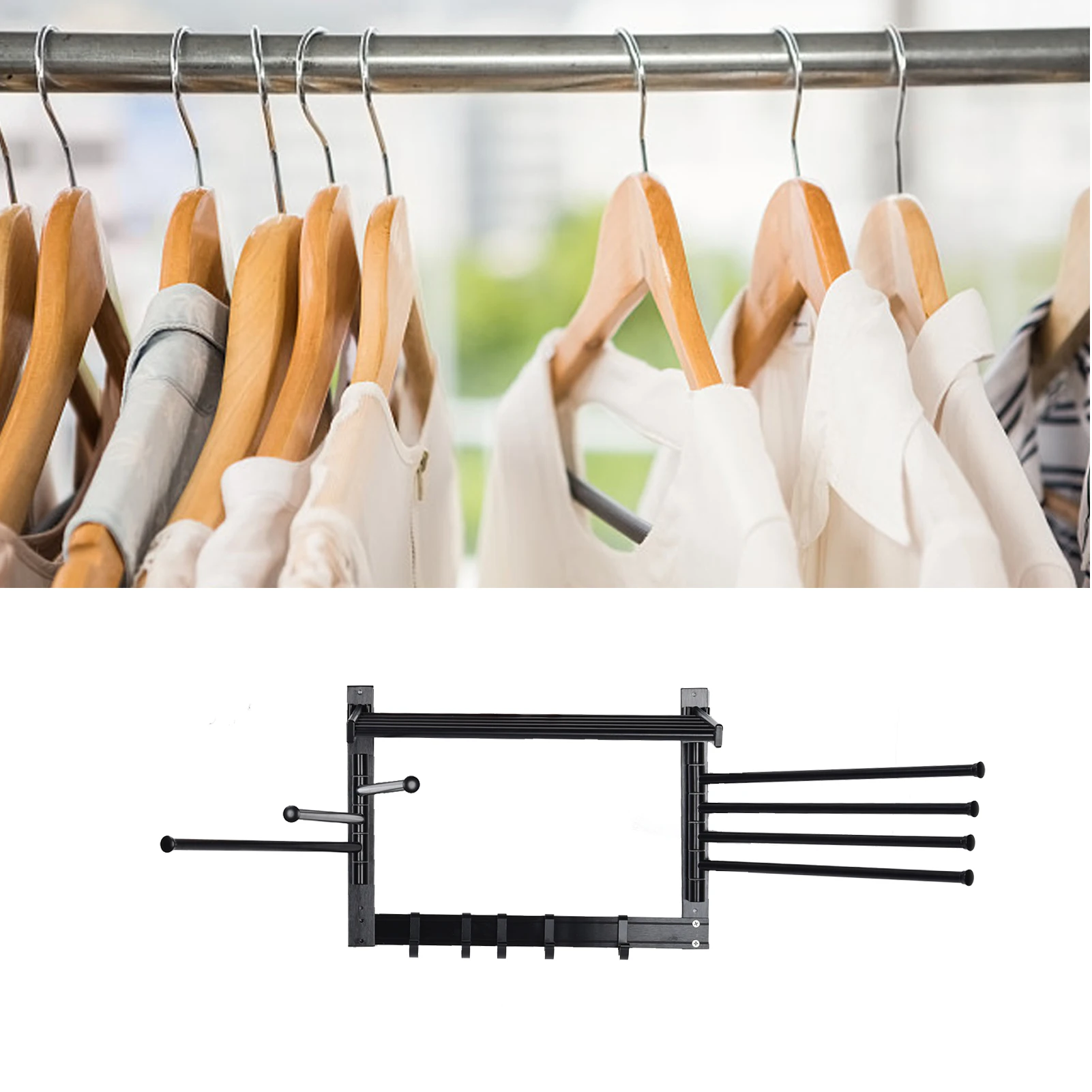 Laundry Clothes Drying Rack Wall Mounted Rotating Towel Rack with Hooks and Swing Arms for BathroomBlack Clothes,Drying,Rack