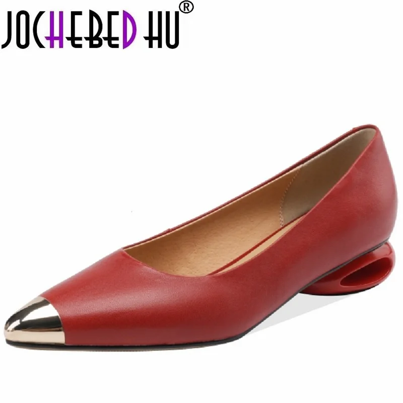 【JOCHEBED hu】 golden lron head spiczasty Toe Design moda seksowna miękka prawdziwa skóra uliczna buty damskie na obcasie wysokie 34-42