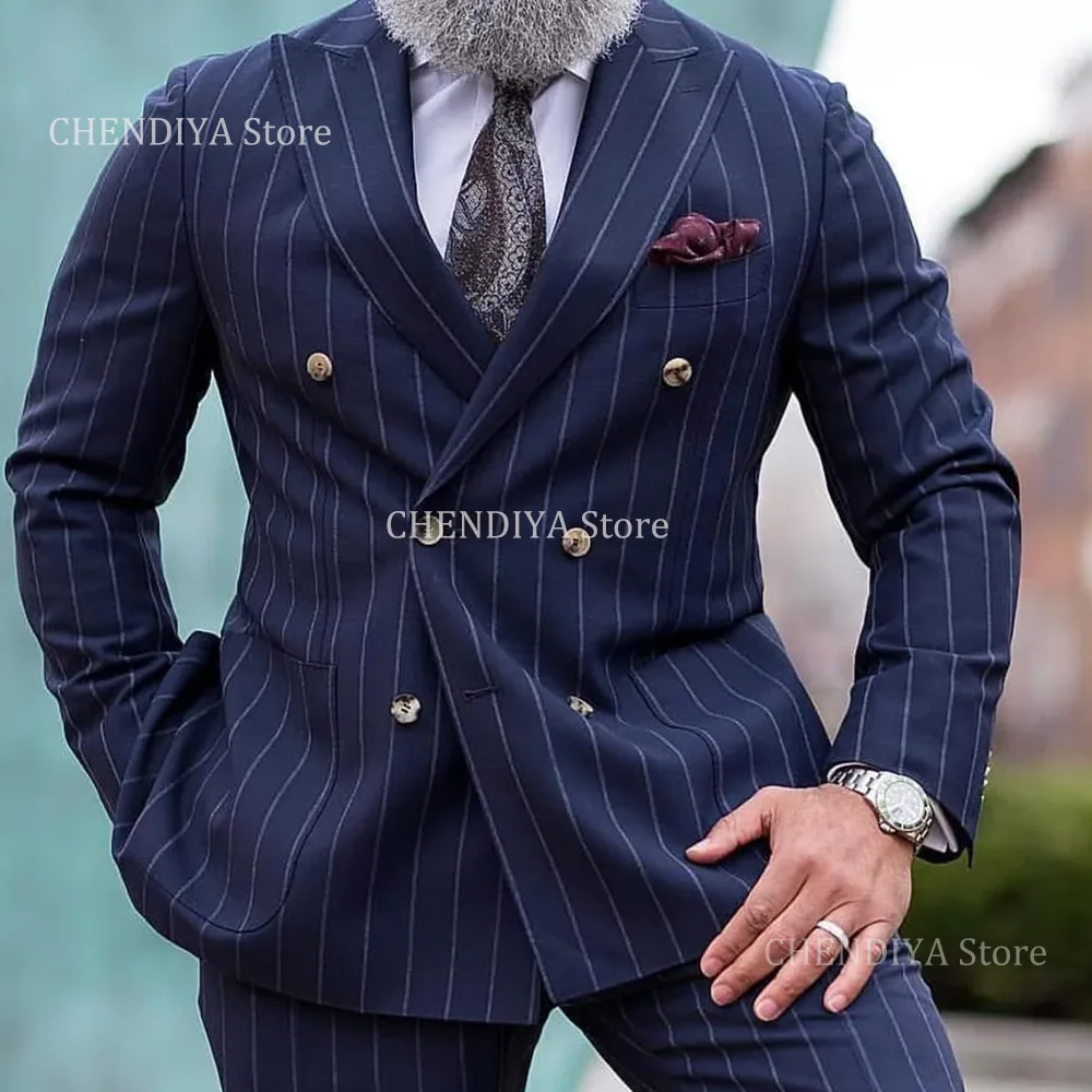 

Navy Blue Striped Men Suits For Wedding Groom Tuxedo 2 Piece Custom Made Fashion Double Breasted Business Set (Jacket+Pants)