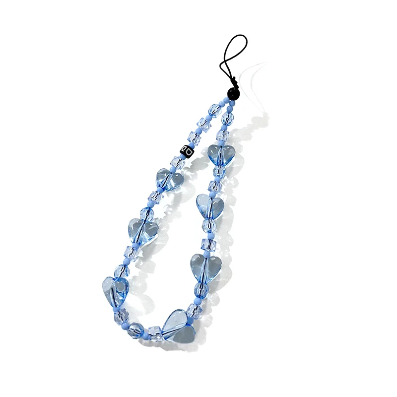 Y2K Love Heart Bead Phone Lanyard Simple Clear Beads Phone Strap Keychain Anti Lost Phone Chain Wristband Camera Charms