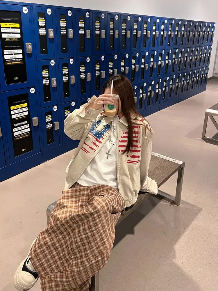 

77lin American Retro Star Print ort Jaet Coat ex Casual Open Cardigan Top Women's Faion Autumn Design Sense