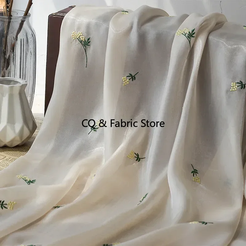 

New Bright Silk Satin Embroidered Fabric Dandelion Embroidery For Women's Spring And Summer Dress Shirt,1 meter