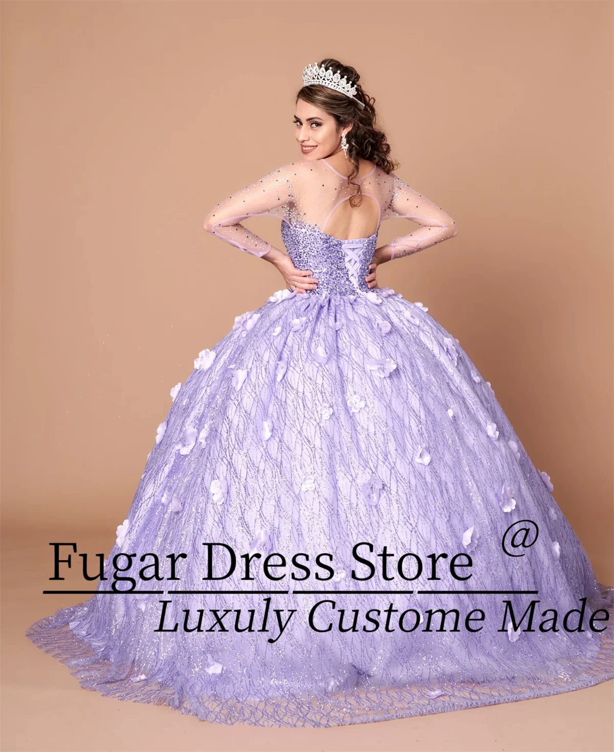 3D Flower Decal Long Sleeved Glitter Quinceanera Dresses Sweetheart corset Transparent stiff gauze vestidos para niñas