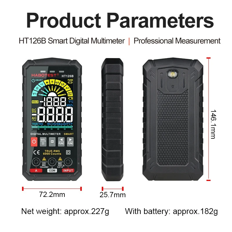 HT126B 6000 Counts Smart Multimeter Auto Recognition DC/AC Voltage/Resistance/Continuity Ohm HZ Diode Live Electrician Meter