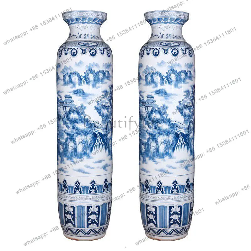 Jingdezhen ceramic hand-painted blue and white splendid mountains and rivers floor-to-ceiling large vase ornament