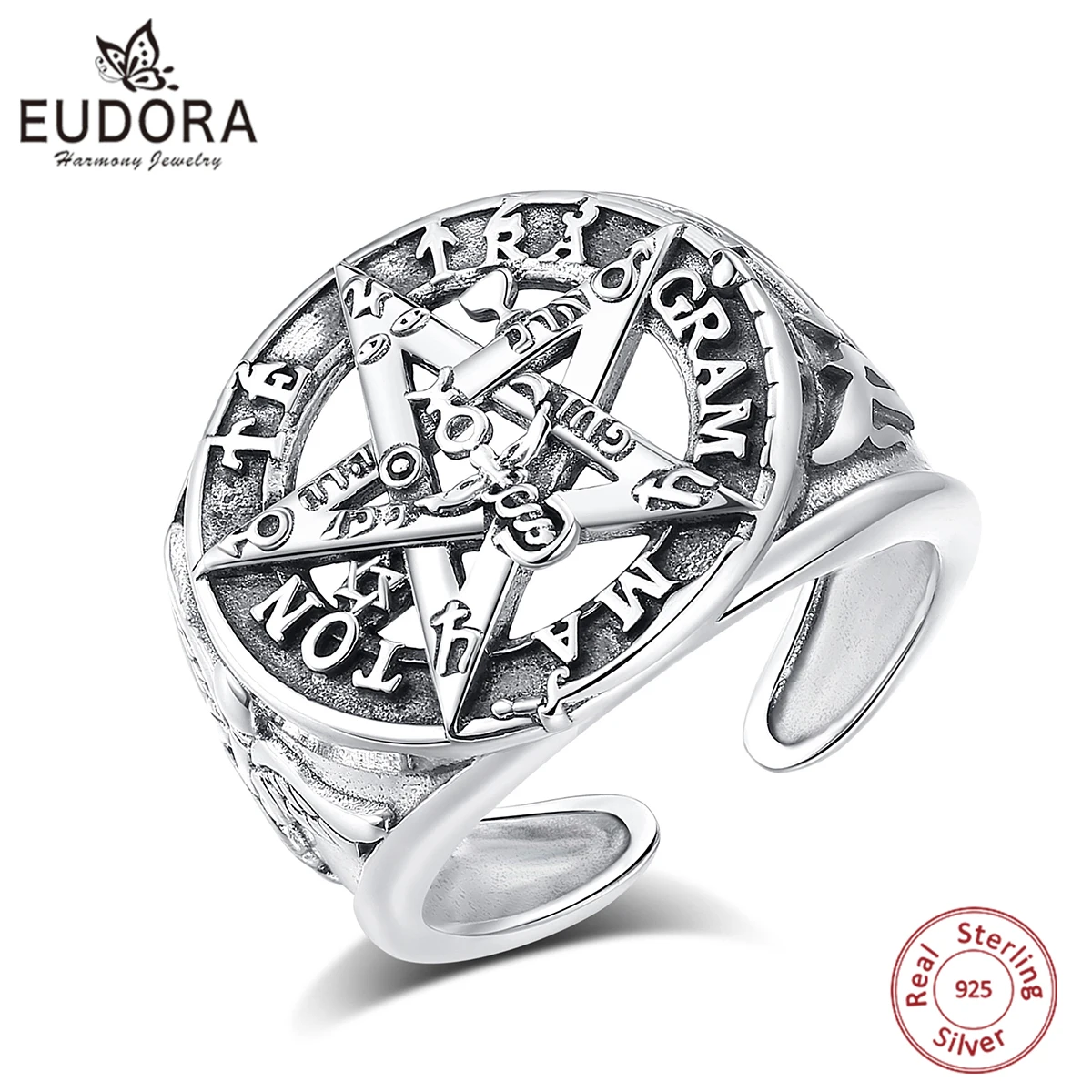 

Eudora Original 925 Sterling Silver Pentagram Adjustable Ring for Men Amulet Guardian Star Tetragrammaton Ring Gothic Jewelry