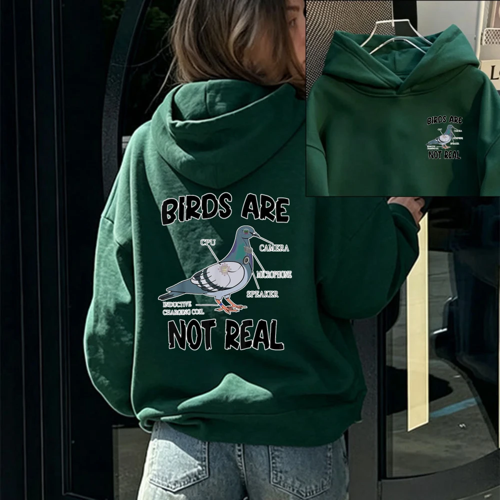 Birds Are Not Real Funny Pigeon Diagram Graphic Hooded Front Mini Pigeon Print Back Large Letter Pattern Pullover Humor Meme Top