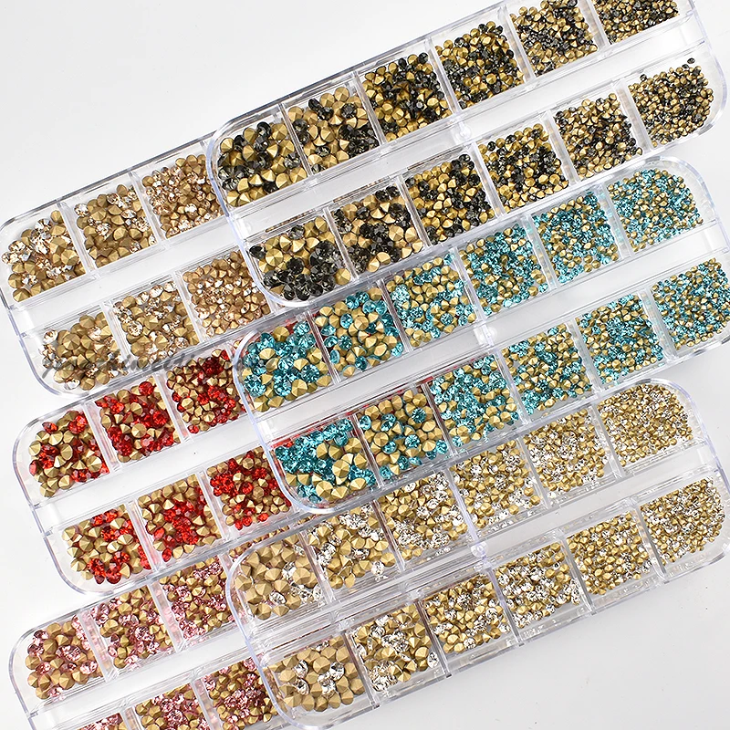 

12 Grid Set Small Round Rhinestone Nail Art Decoration Pointed Bottom K9 Colored Glass Mixed Size Manicure DIY Accessories