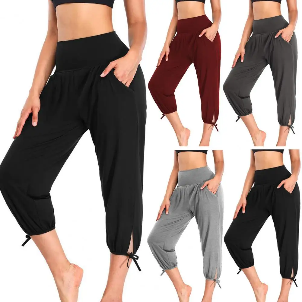 Pantalones recortados de cintura alta para mujer, pantalones de Yoga de cintura alta con bolsillos, pantalones deportivos elásticos, Color sólido