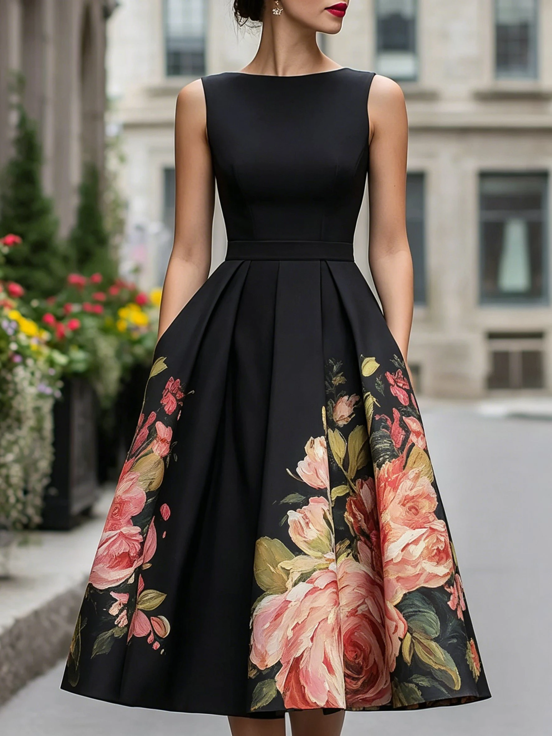 

Elegant Black A-Line Dress with Romantic Floral Hem Print Vintage Oil Painting Rose Sleeveless Midi Dress for Formal Events