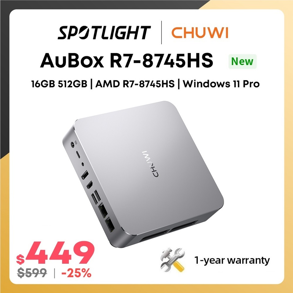 CHUWI AuBox Mini PC AMD Ryzen 7 8745HS 16GB DDR5 512GB SSD Windows 11 Pro 4K Display AI-Link WiFi 6 BT 5.1 Extend M.2 1T2