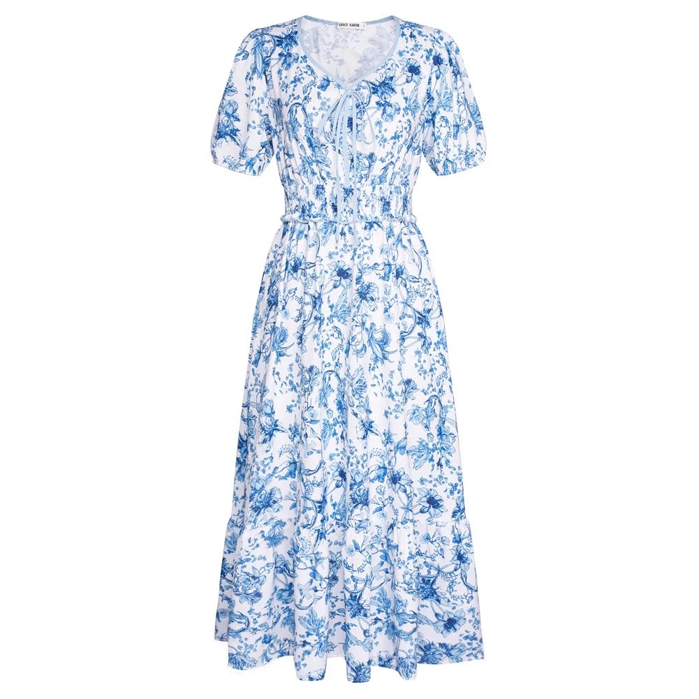 Gk feminino senhoras vestido de cintura elástica manga curta com decote em v em camadas a linha vestido de panturrilha média mangas curtas com abertura elástica