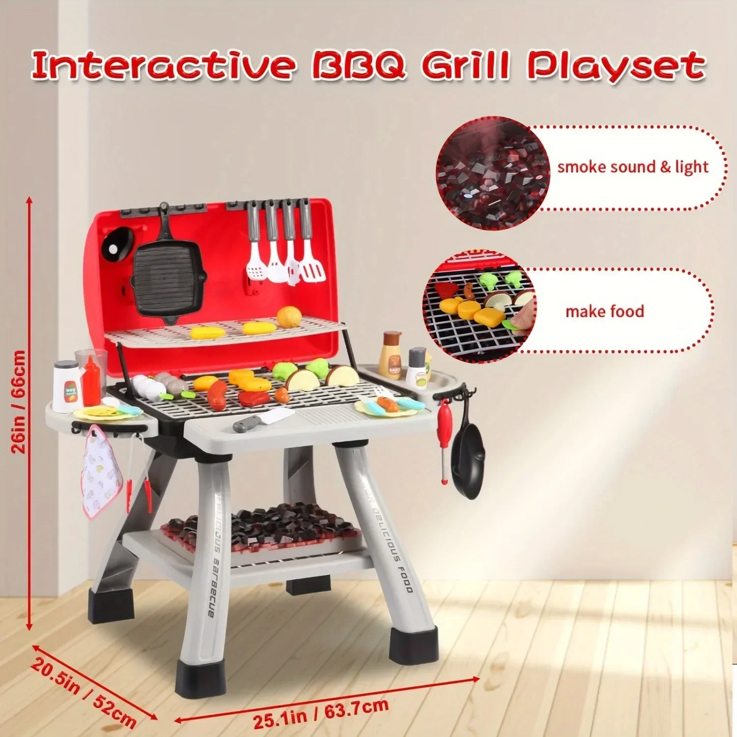 Barbecue Grill Toy Set Kids BBQ Pretend Play Kitchen Playset with Smoke Sound Light Simulation Camping Cooking Food Toys Gift