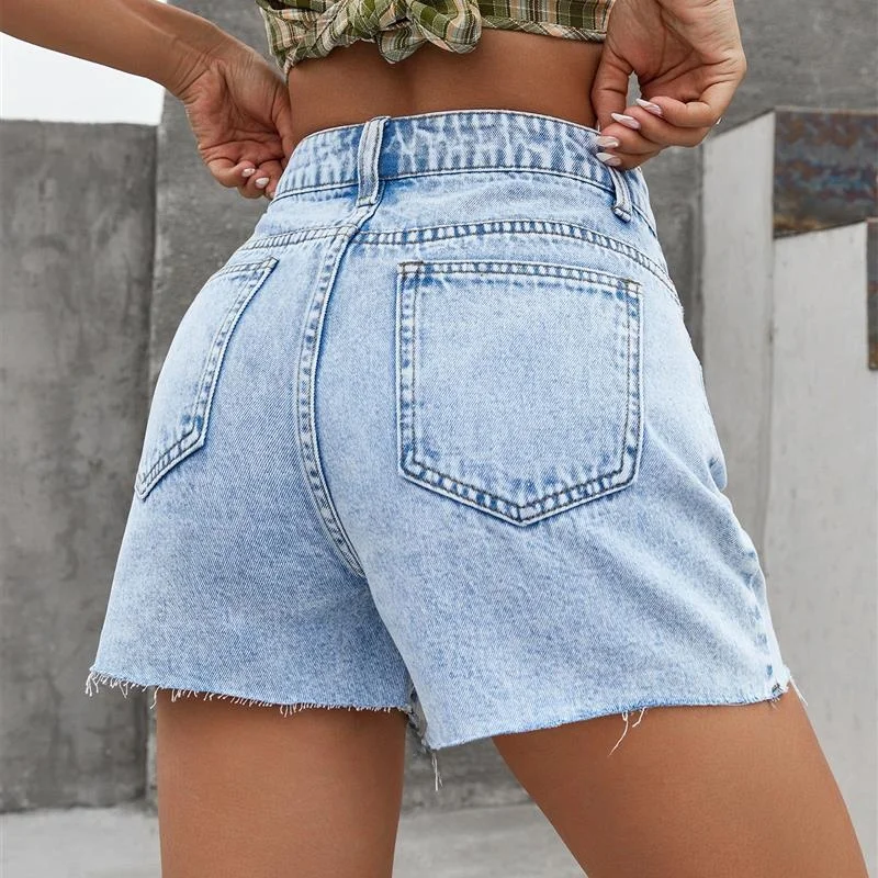 Faionable Summer Loose Straight Leg Hole Punching Double Waist Head orts Women's Bot Pants Trendy High Waist orts
