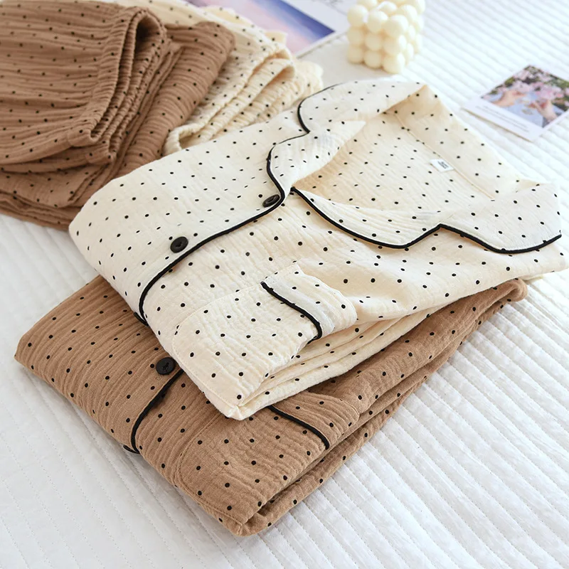 100% Cotton Gauze Summer Women Pajamas Polka Dot Print Sleepwear 2024Spring Female 2 Piece Set Nightwear Lady Pyjamas Loungewear